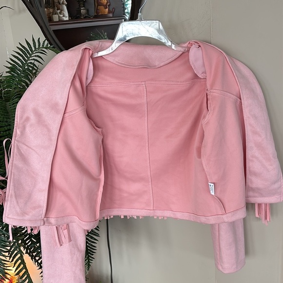 NWOT Pink Fringe Jacket Faux Suede Cropped Western Moto Tassel Cowgirl Pastel - Picture 9 of 14